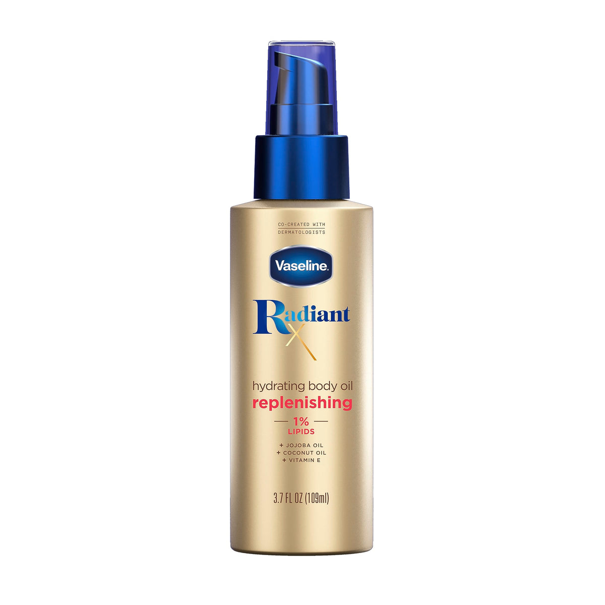 Vaseline Radiant X replenishing body oil bottle glows with deep hydration.