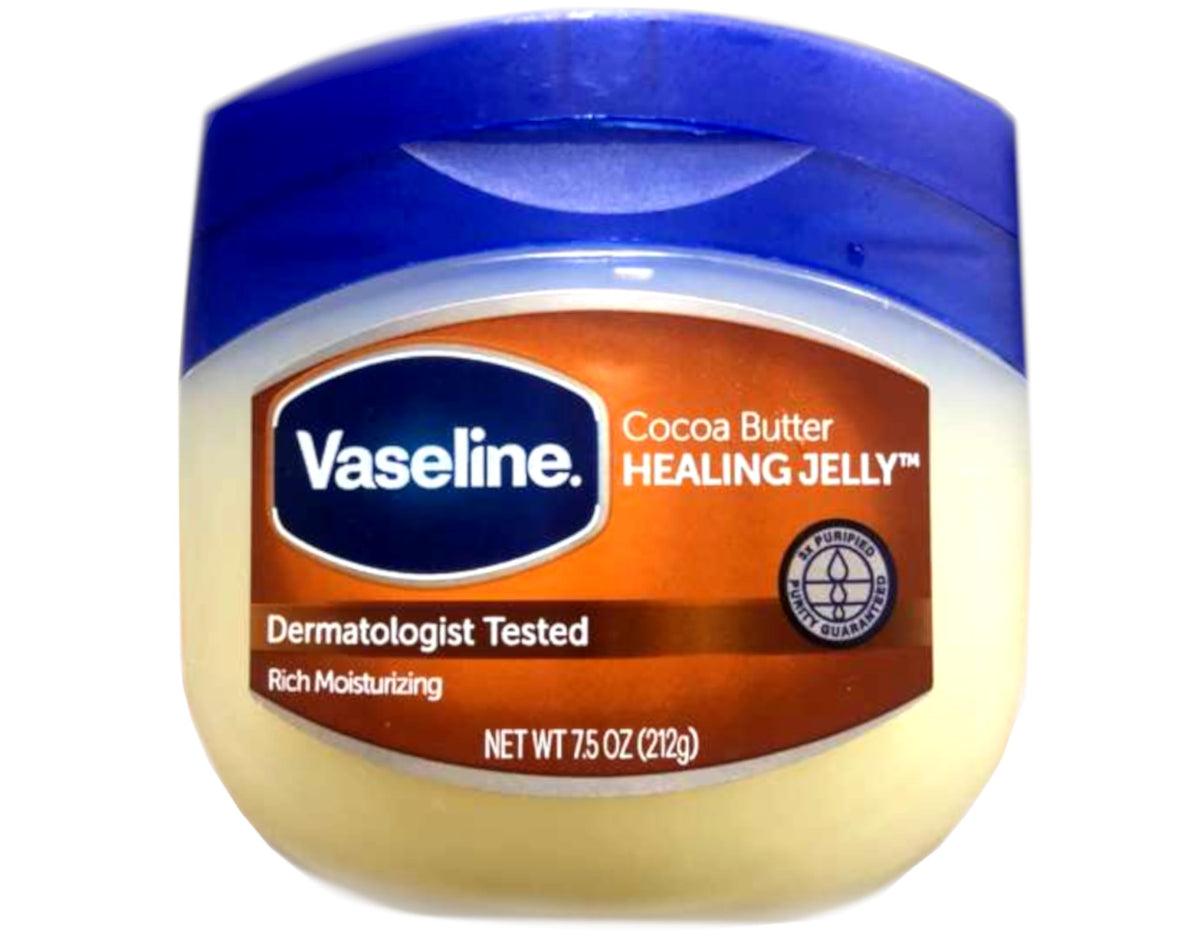 Vaseline Rich Conditioning Petroleum Jelly Cocoa Butter jar on a counter, sealing in moisture.