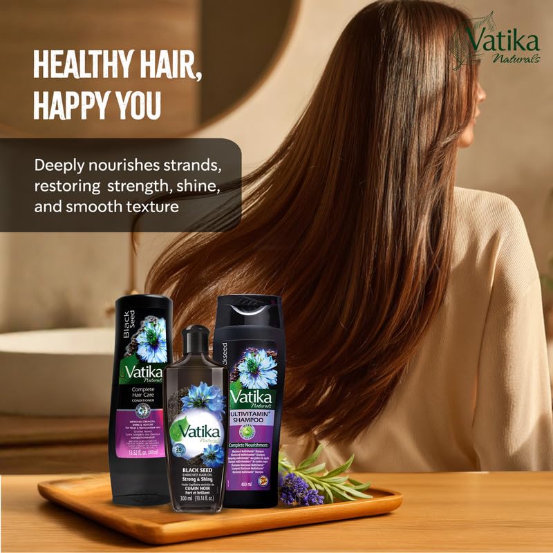 Vatika Naturals Blackseed hair oil dropper highlights nourishing oil for healthy scalp.