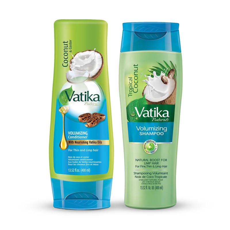 Vatika Naturals Coconut Shampoo bottle pouring for gentle hydration and silky hair.