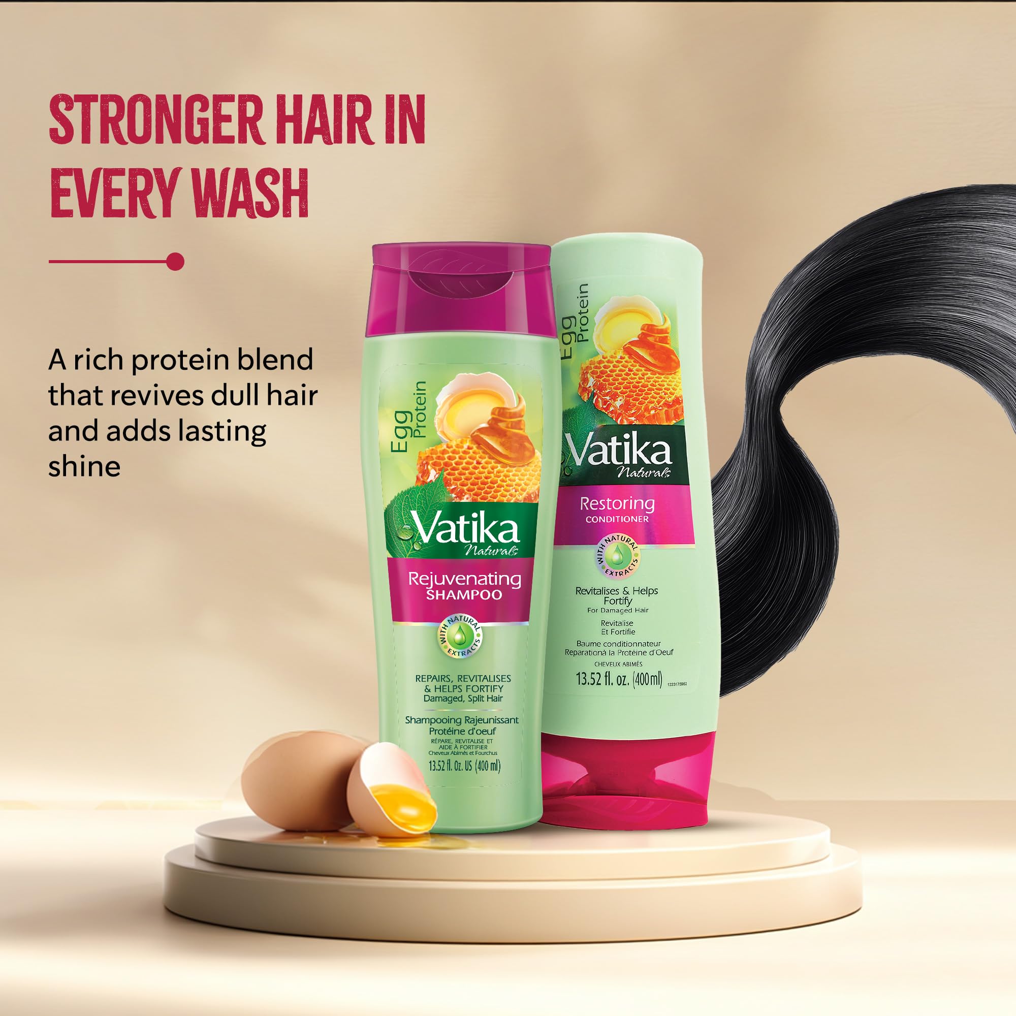 Vatika Naturals Egg Protein Conditioner bottle delivering smoothness and frizz control