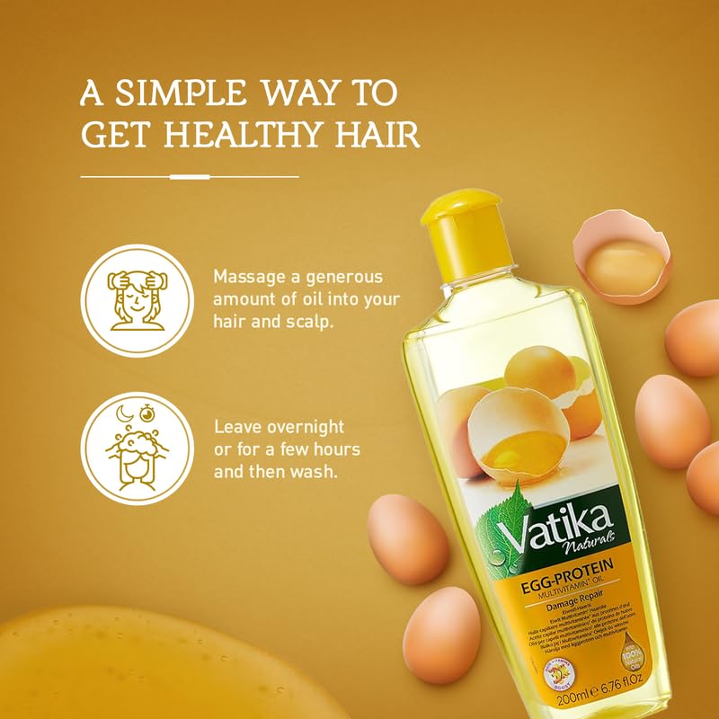 Vatika Naturals Egg Protein Hair Oil bottle dispense shows easy, controlled application.