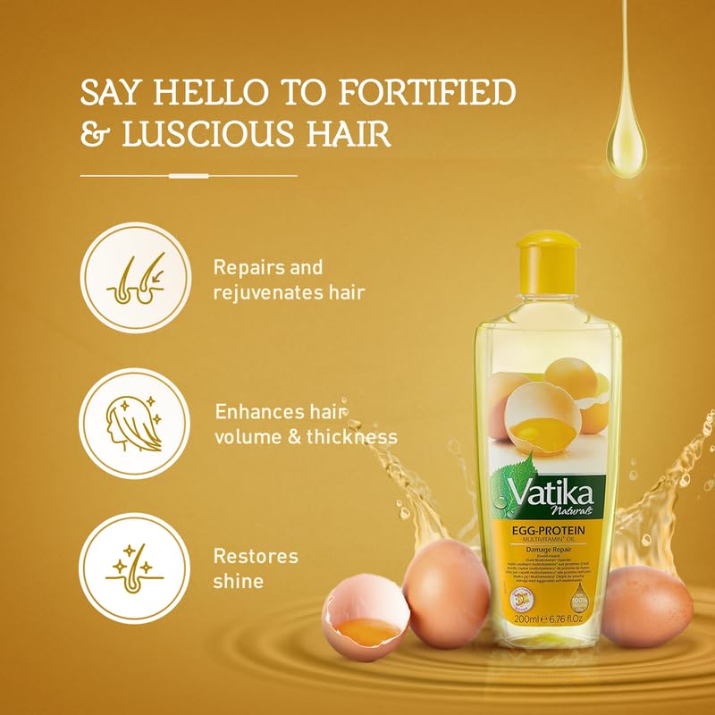 Vatika Naturals Egg Protein Hair Oil massage action suggests luxurious at-home spa routine.