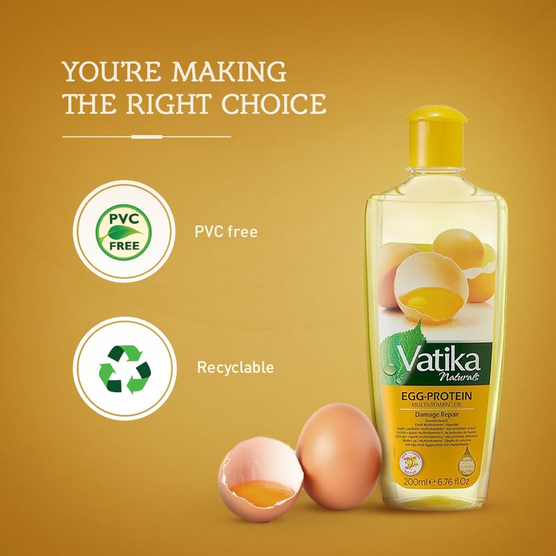 Vatika Naturals Egg Protein Hair Oil packaging reflects premium natural care quality.