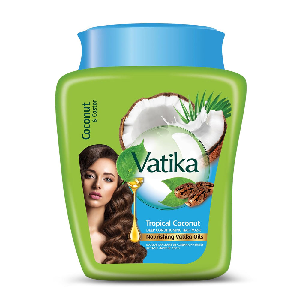 Vatika Naturals Hot Oil Hair Mask tropical coconut jar for deep hydration.