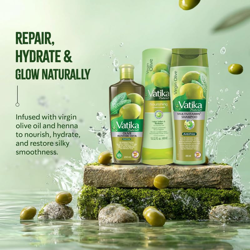 Vatika Naturals Olive Hair Oil pump emphasizing shine and hydration