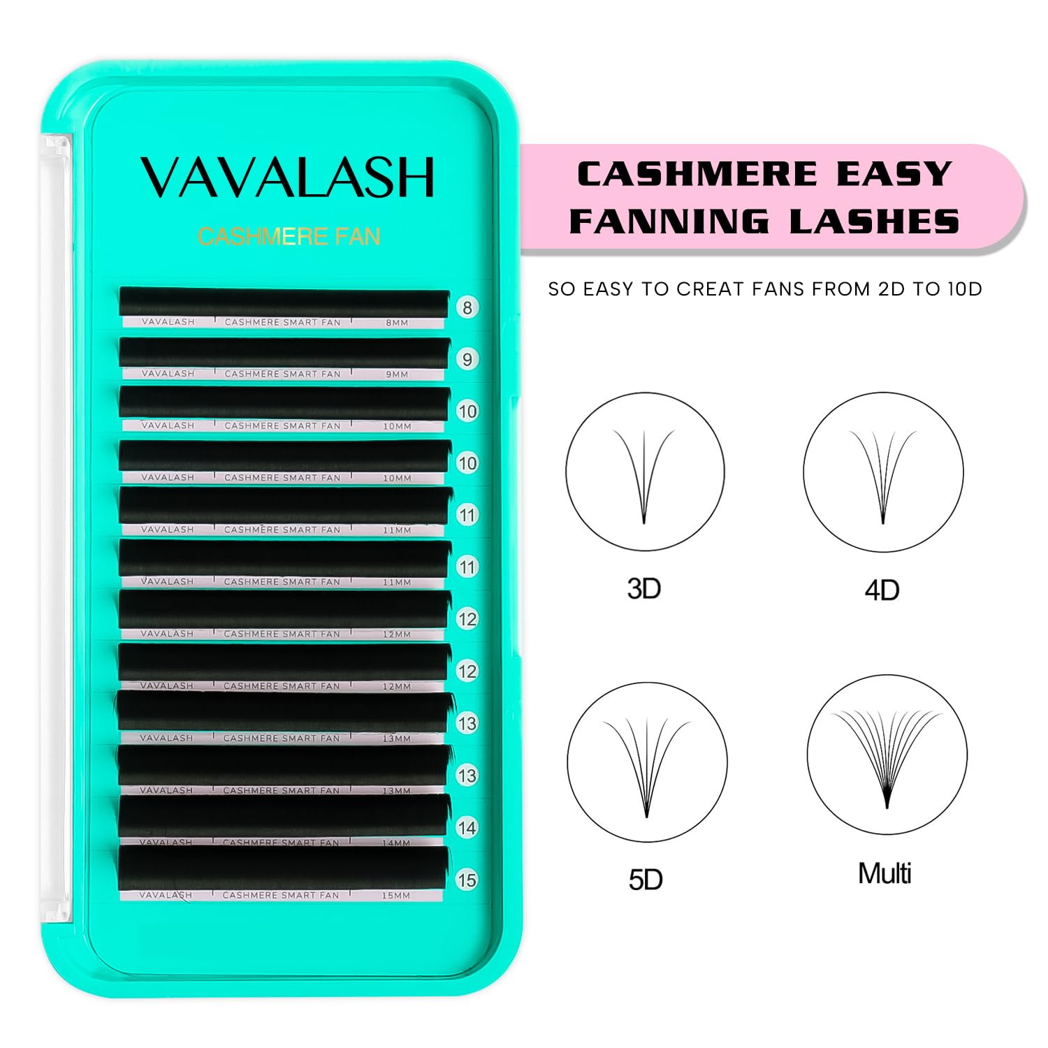 VAVALASH Cashmere Easy Fan Lashes range from 8–20mm for versatile styles.