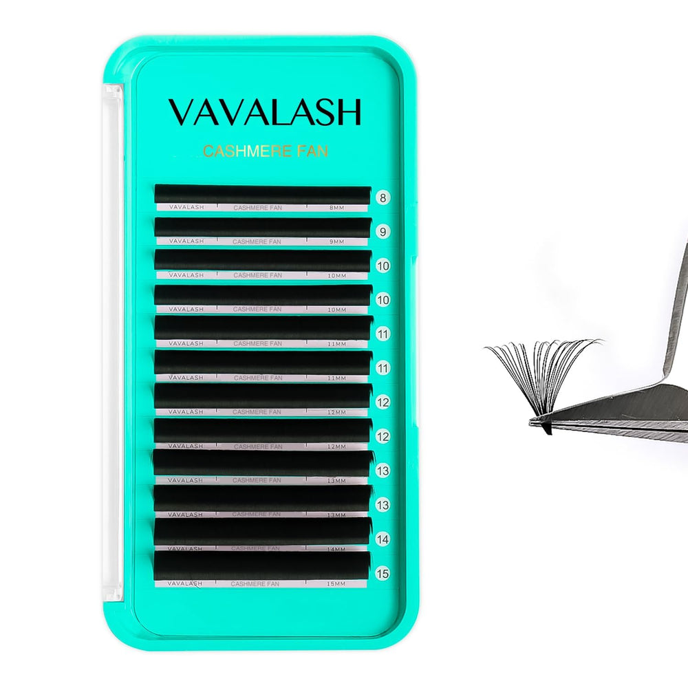 VAVALASH Cashmere Easy Fan Lashes tray closeup showing uniform density for smooth volume fans