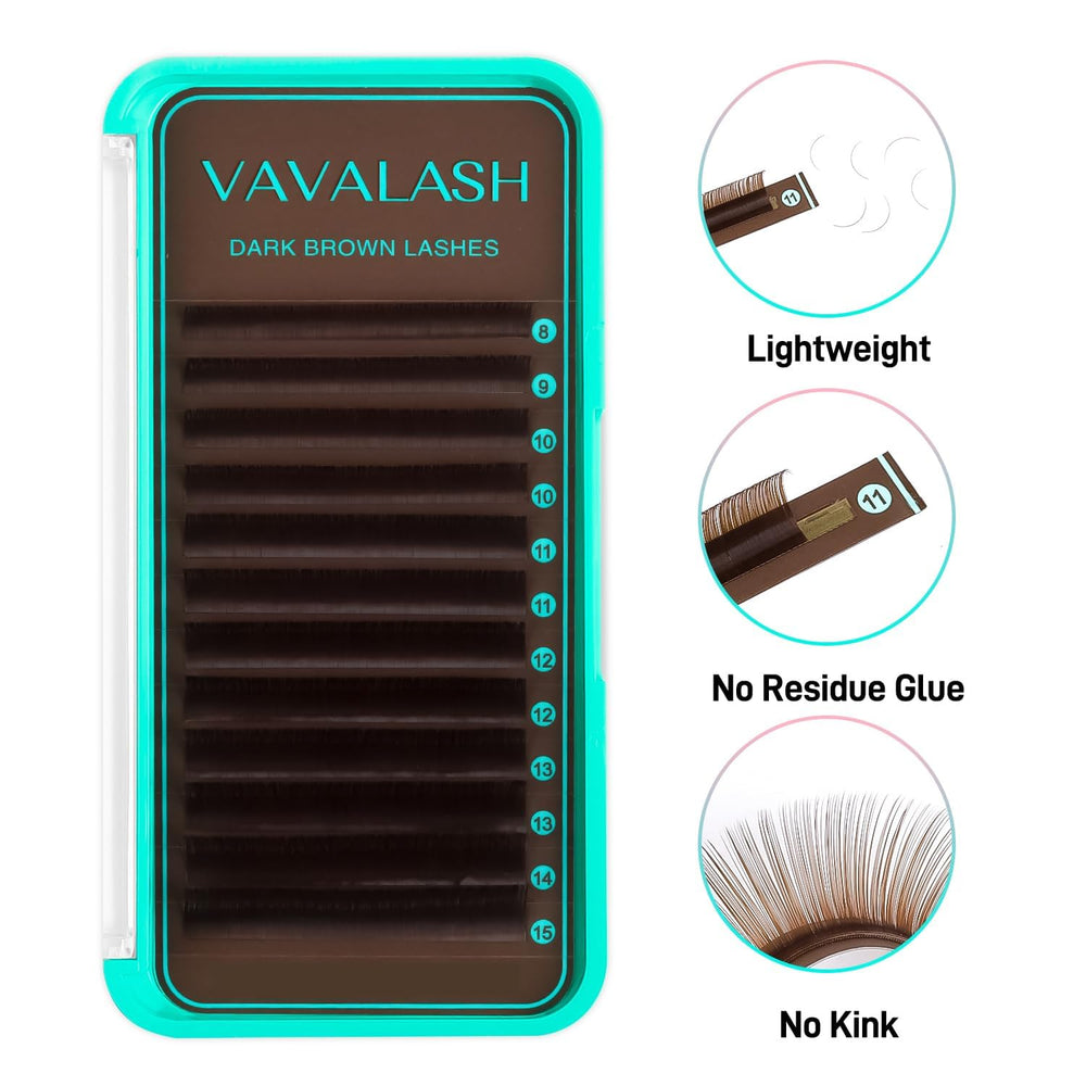VAVALASH dark brown lash extensions 0.07 with D curl for dramatic lift.