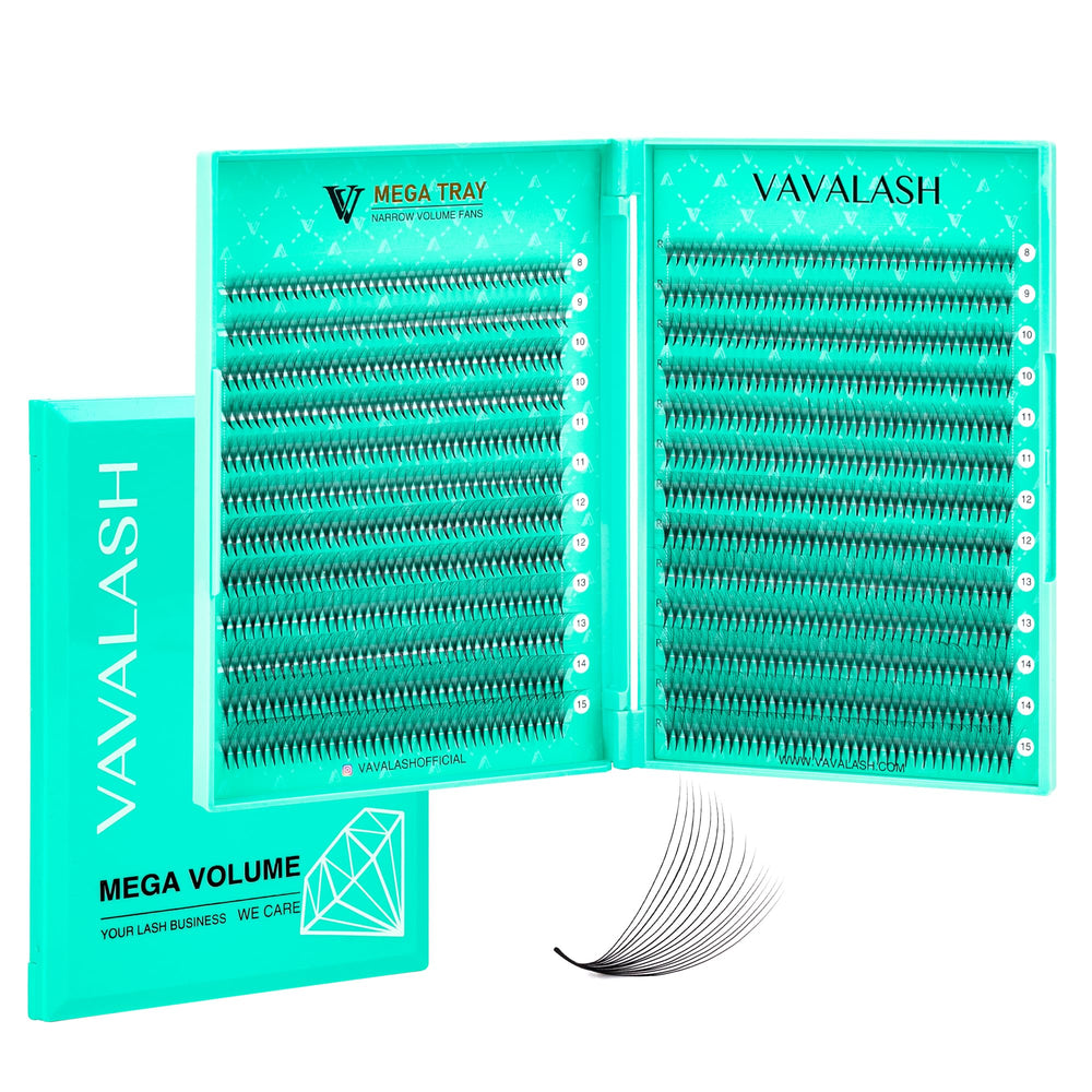 VAVALASH premade fans in a compact box tray for fast, efficient lash fills.