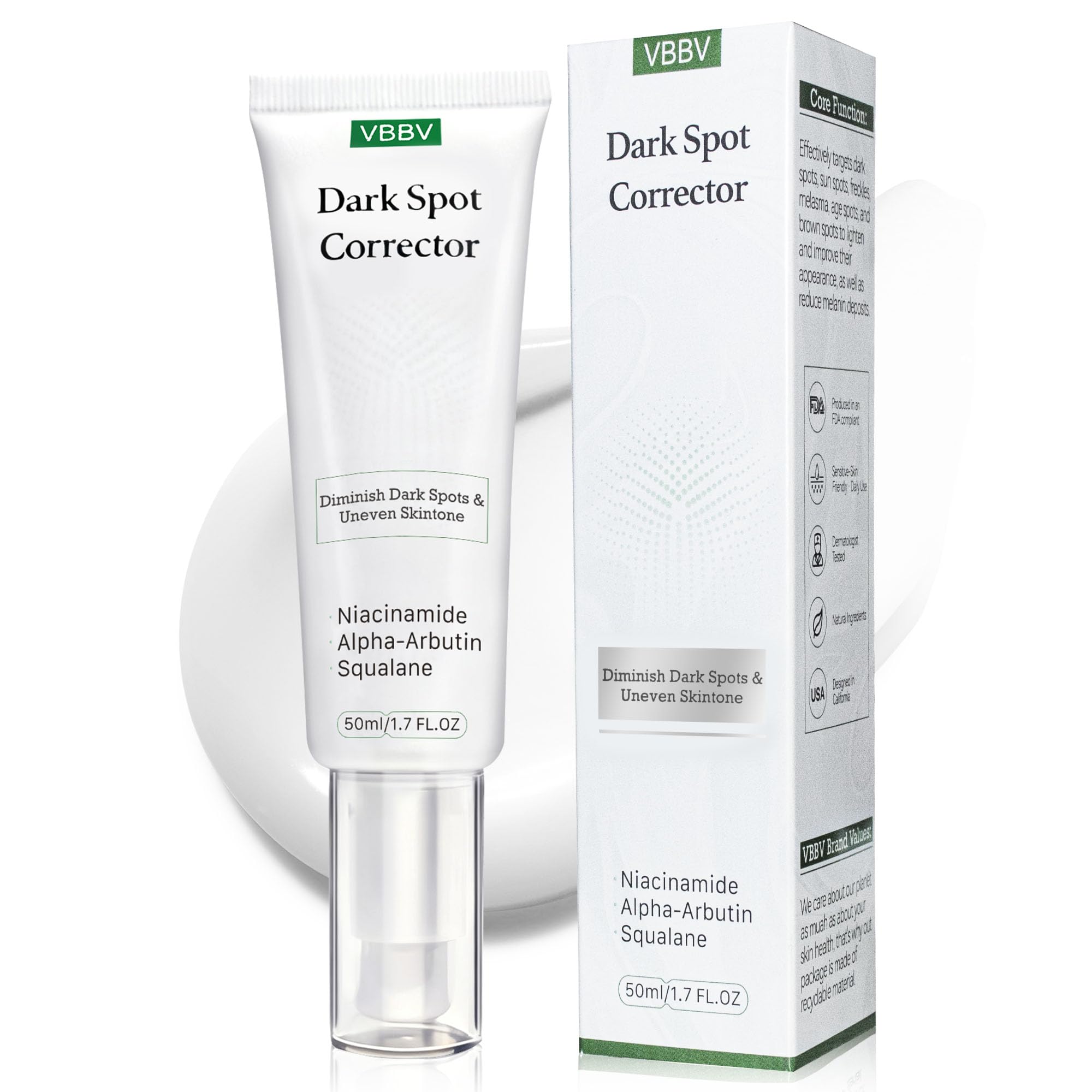 VBBV Dark Spot Serum bottle showing targeted discoloration care for a more even complexion