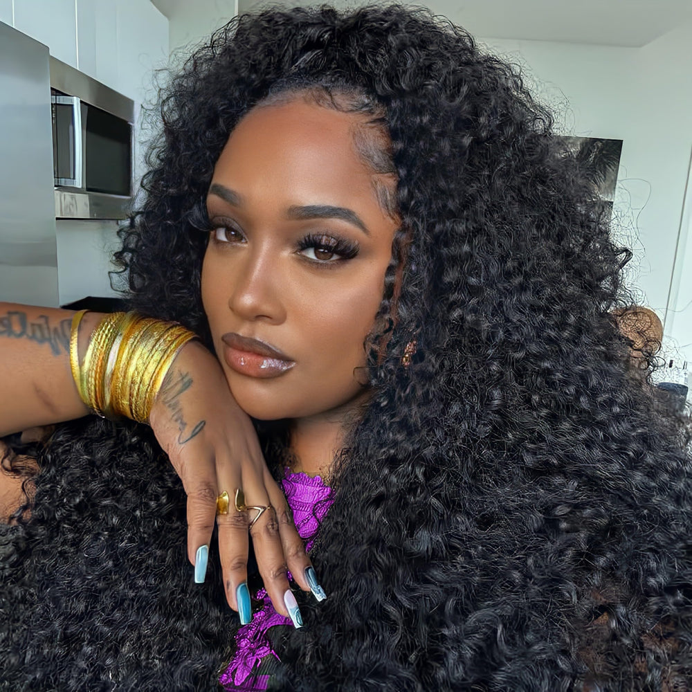 VCkiss 24-inch deep wave half wig on model with natural hairline for full coverage