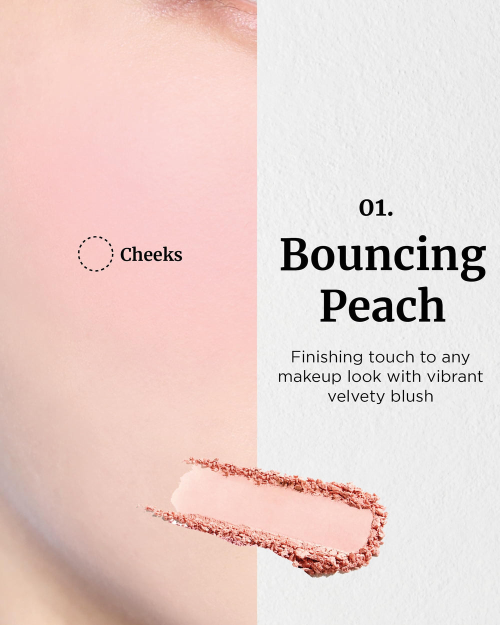 VDL Cheekstain Bouncing Peach velvet powder texture for a soft glow.