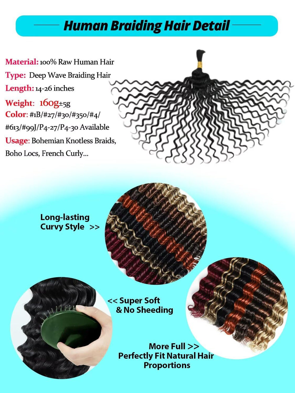 VDZ deep wave color options, versatile styles for knotless or goddess braids