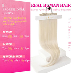 Ve Sunny platinum blonde Remy hair straight for a natural-looking blend.
