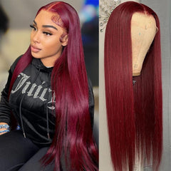 Veally 99j burgundy lace front wig close-up with natural hairline and silky texture.