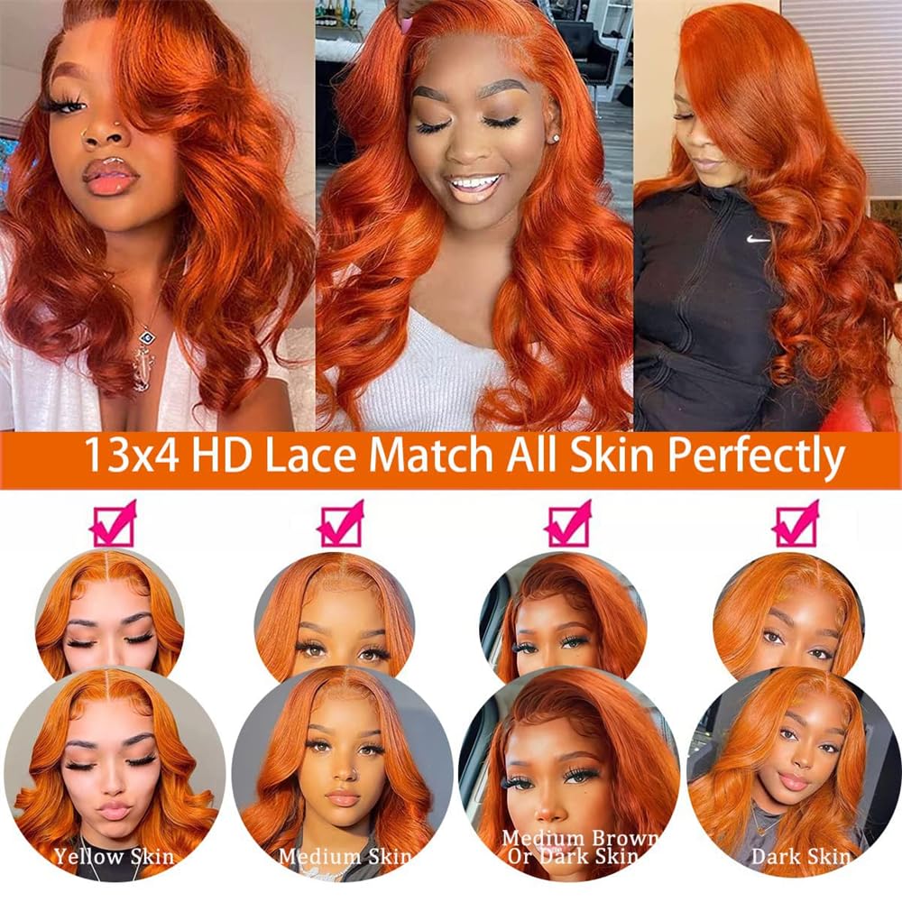 Veally ginger orange lace front wig, free-part styling for various looks.