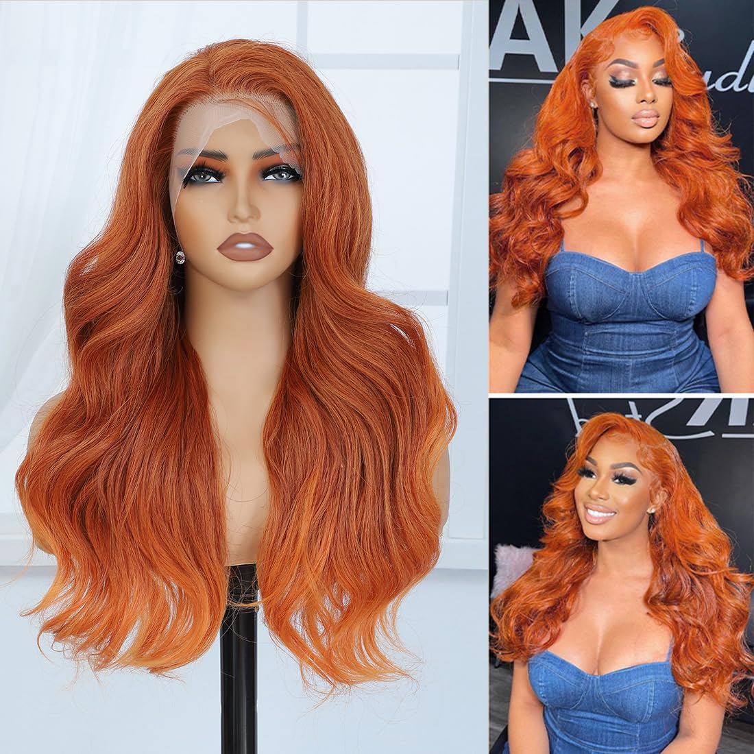Veally ginger orange lace front wig, side view offering versatile styling potential.