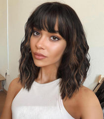 Veally short wavy bob wig with bangs front view for natural daytime wear.