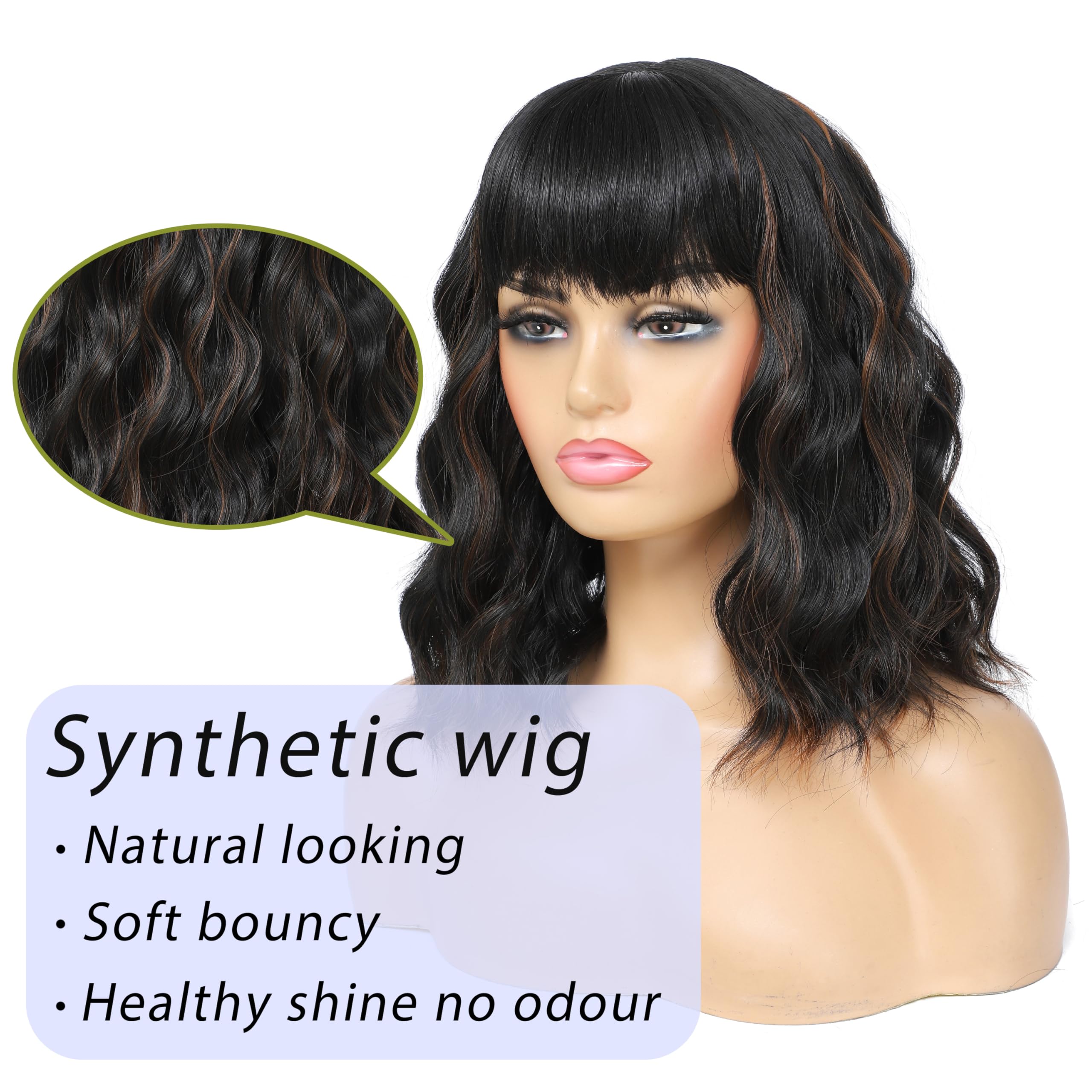 Veally short wavy bob wig with bangs side view for quick styling.