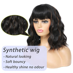 Veally short wavy bob wig with bangs side view for quick styling.