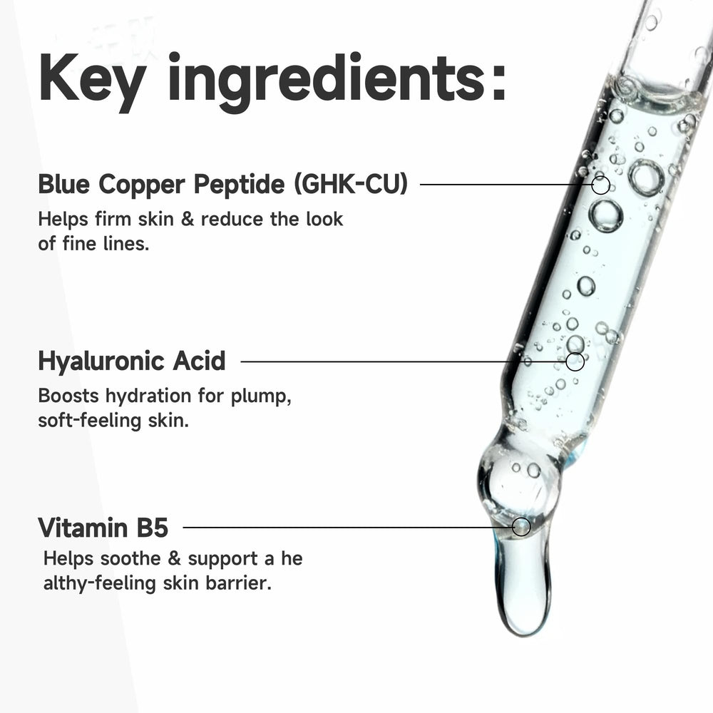 Vectium Blue Copper Serum dropper closeup highlights rapid absorption.