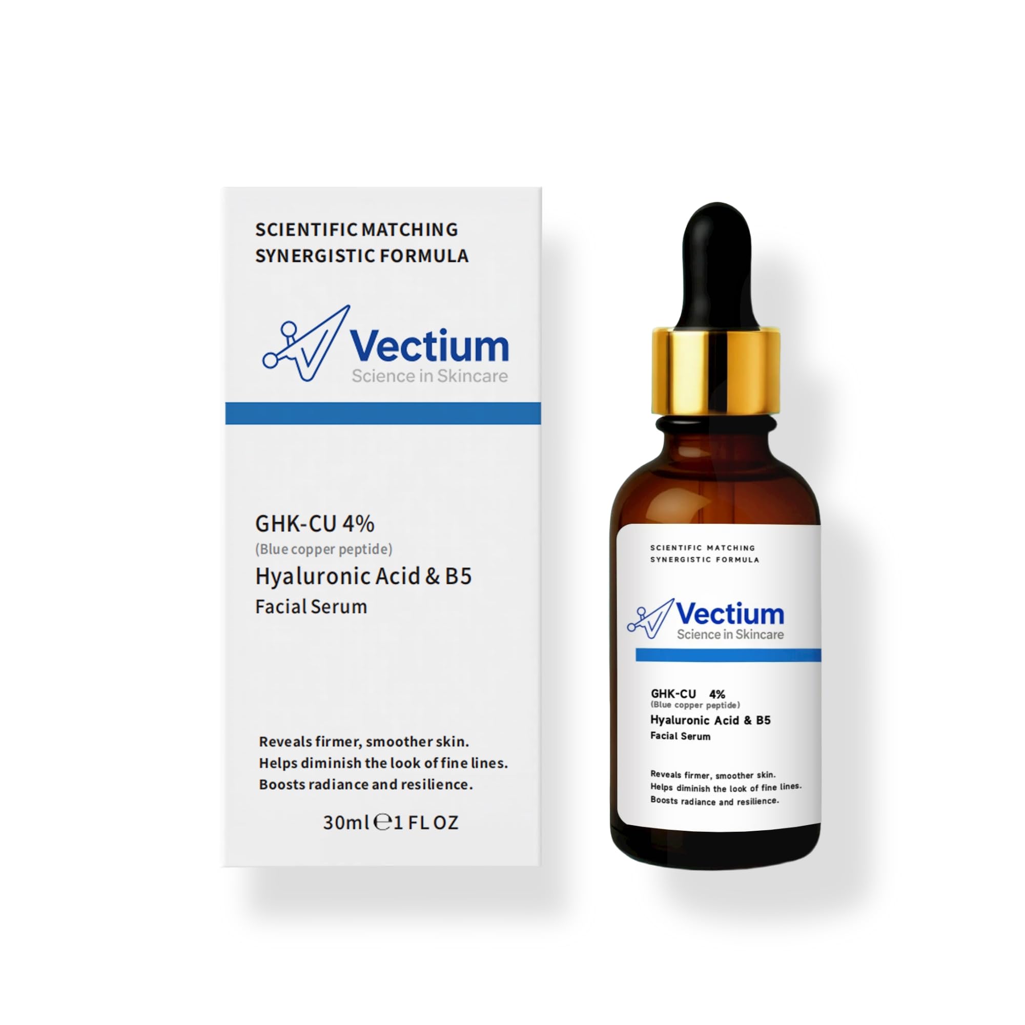 Vectium Blue Copper Serum visual highlights hyaluronic acid component for hydration.
