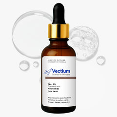 Vectium tranexamic acid serum bottle promotes a brightening, lightweight daily routine.