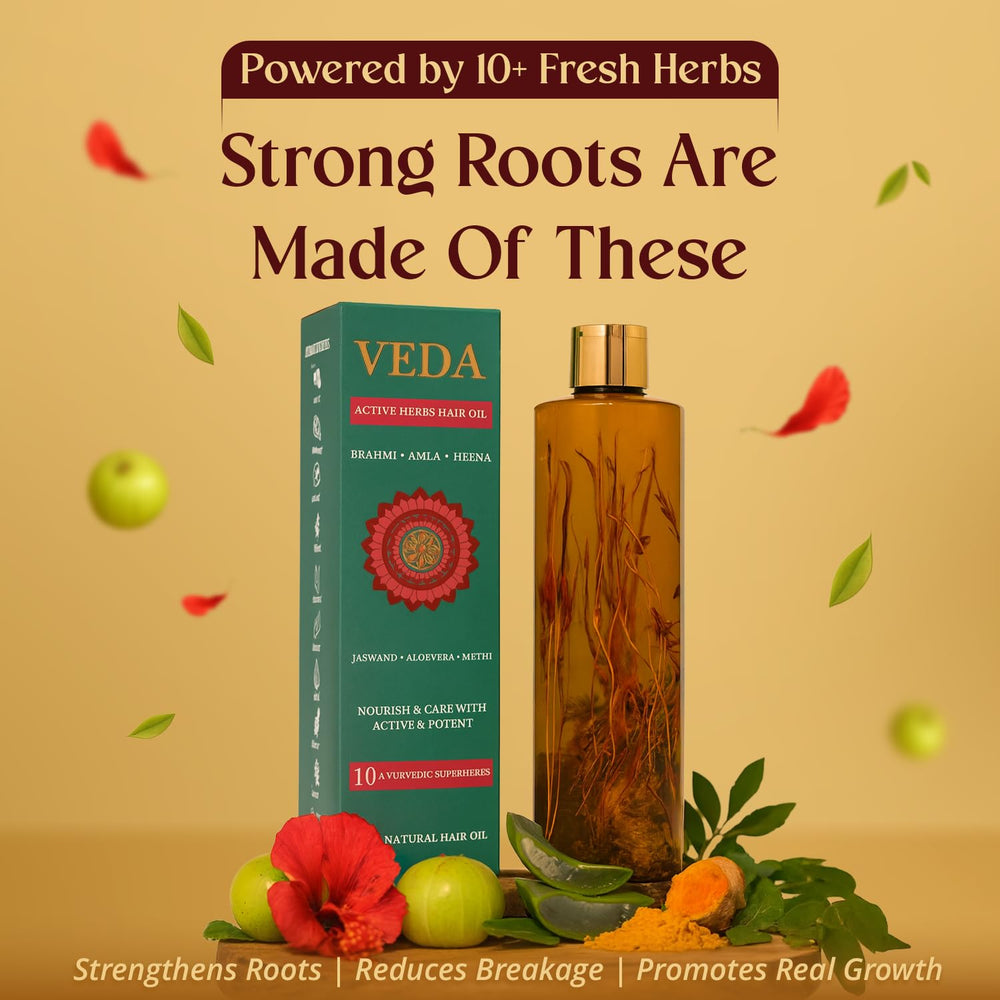 VEDA Active Herbs Hair Oil with amla imagery emphasizing vitamin C scalp nourishment.