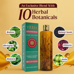 VEDA Active Herbs Hair Oil being poured to illustrate smooth application.