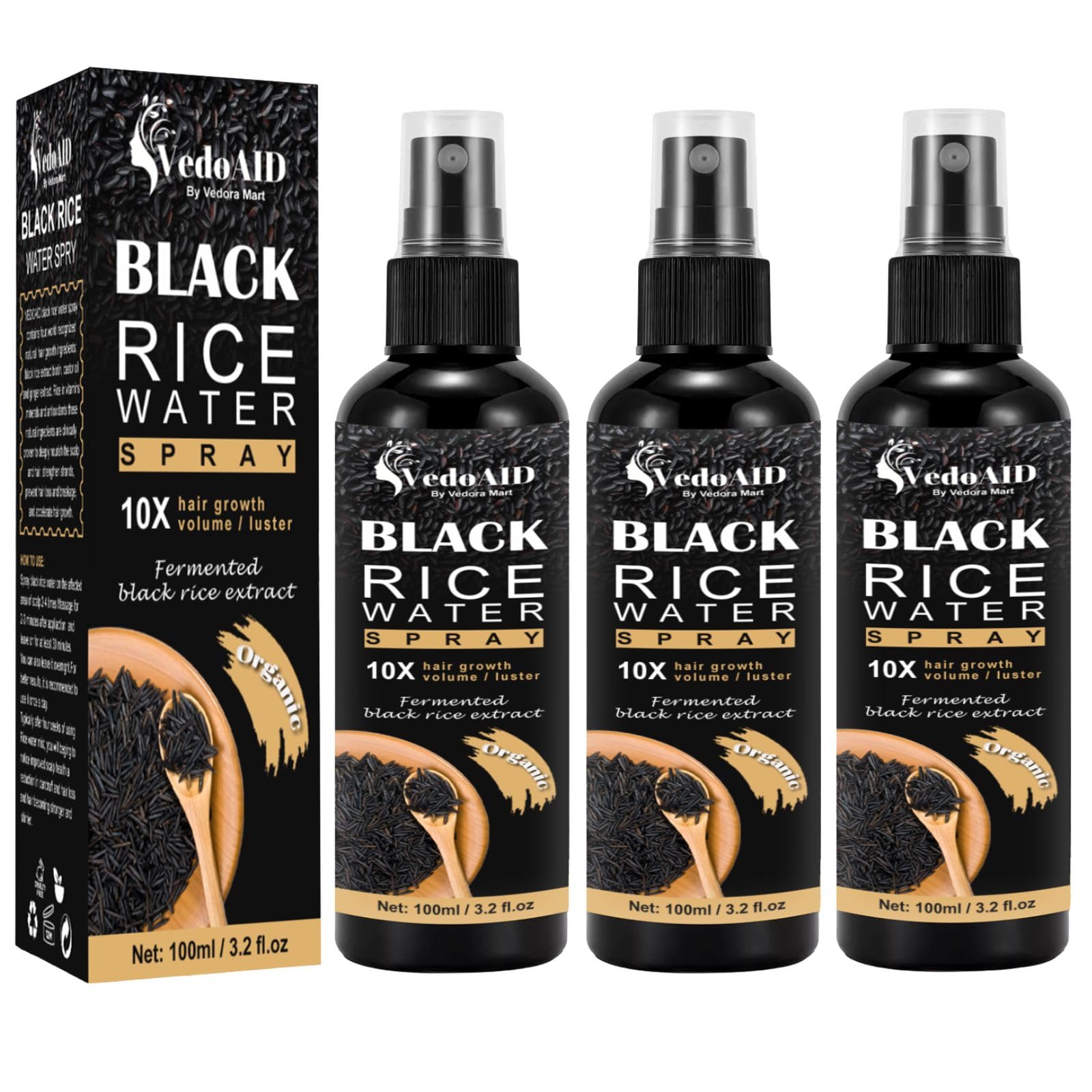VedoAID Black Rice Water Spray bottle for hair growth and scalp nourishment.
