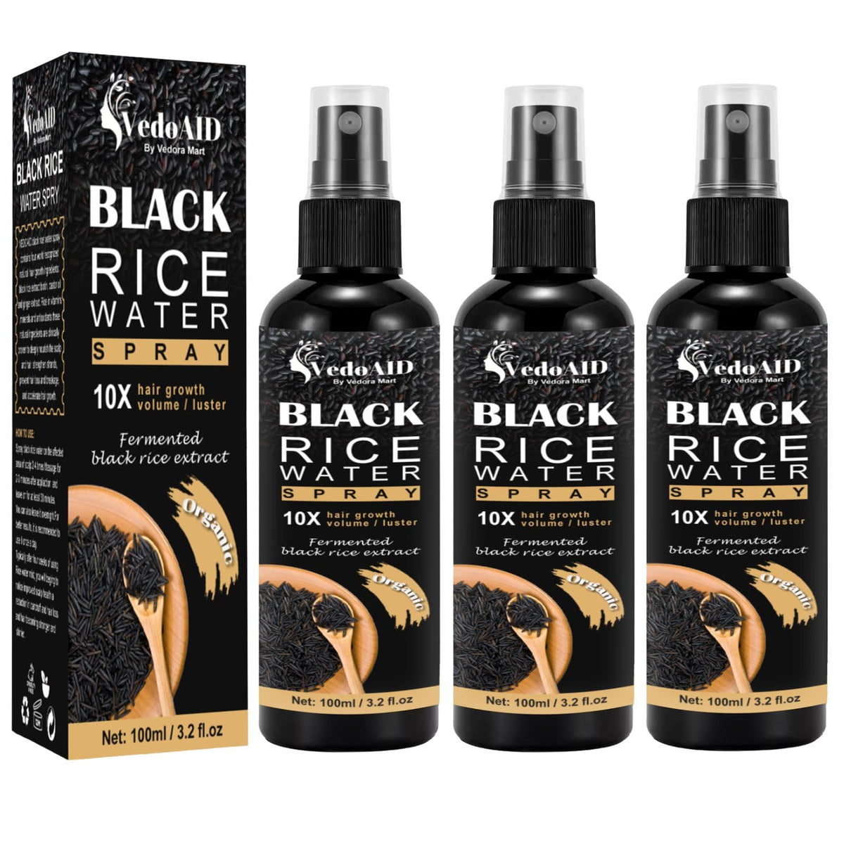 VedoAID Black Rice Water Spray bottle for hair growth and scalp nourishment.
