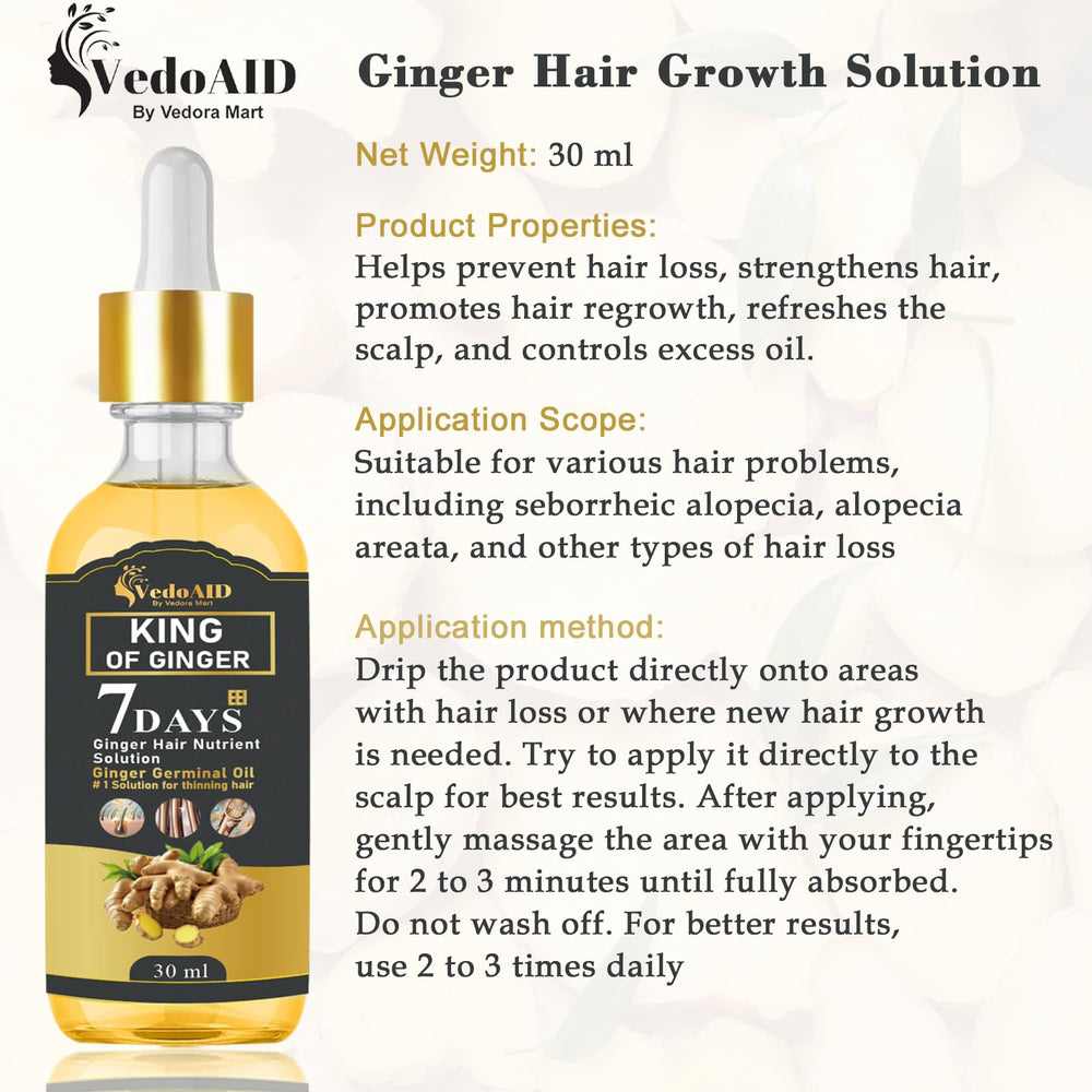 VedoAID Ginger Oil bottle beside packaging and brand info.