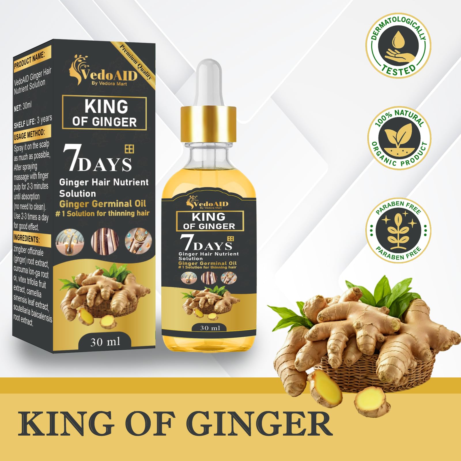 VedoAID Ginger Oil in use during a hair care routine.