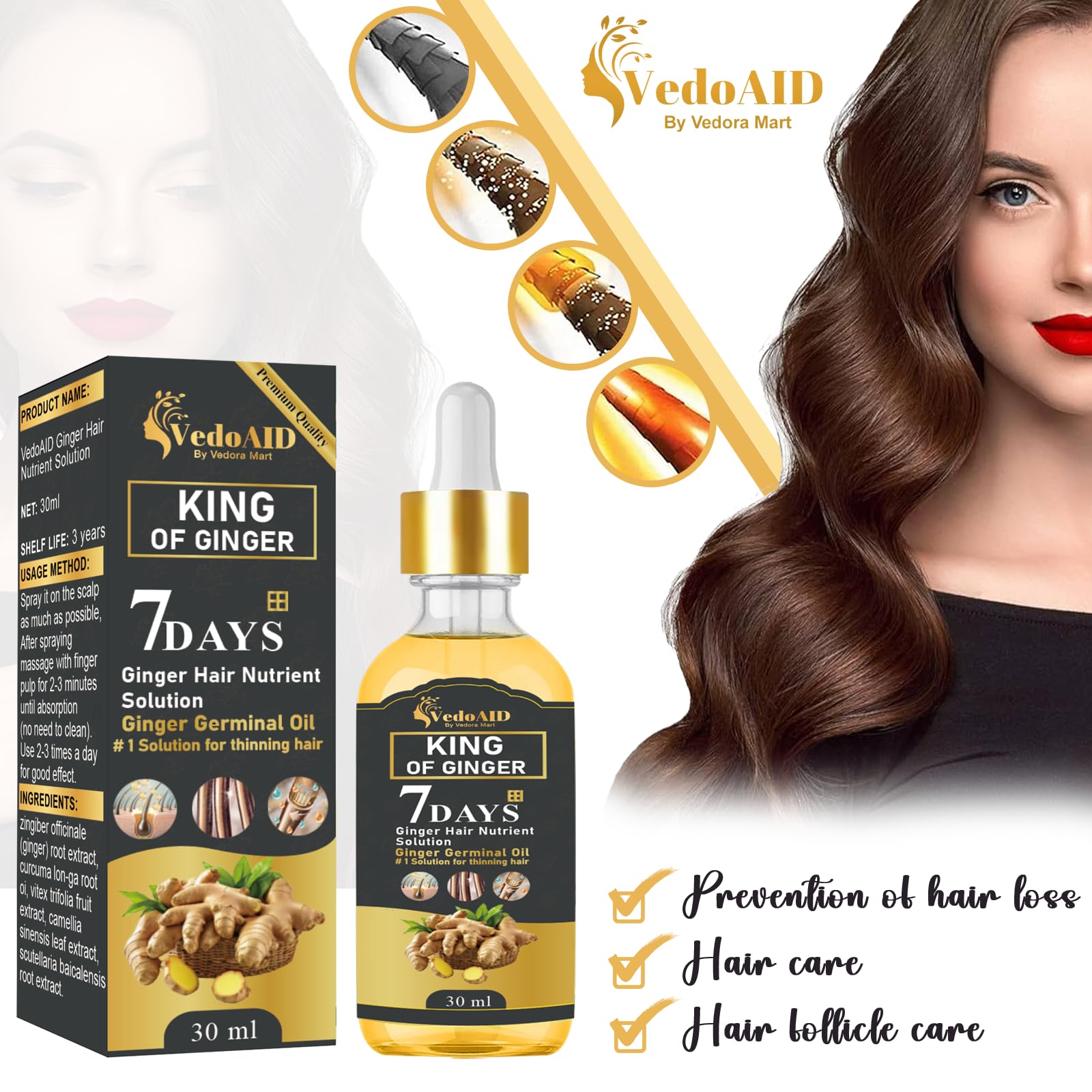 VedoAID Ginger Oil on hair sample for healthier-looking strands.