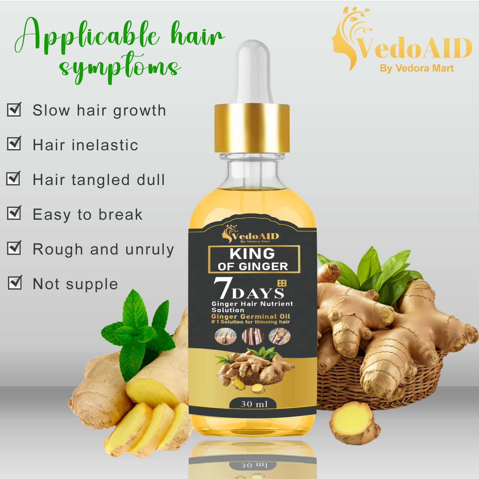 VedoAID Ginger Oil roller applying serum to scalp for thicker hair.