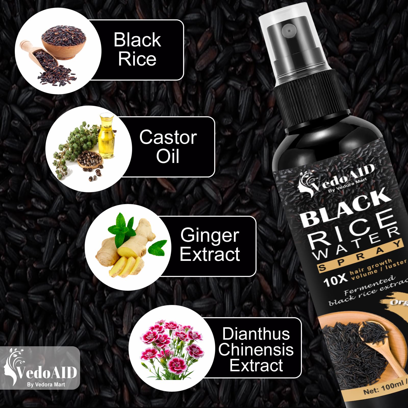 VedoAID hair-growth spray application on scalp showing easy, quick absorption.