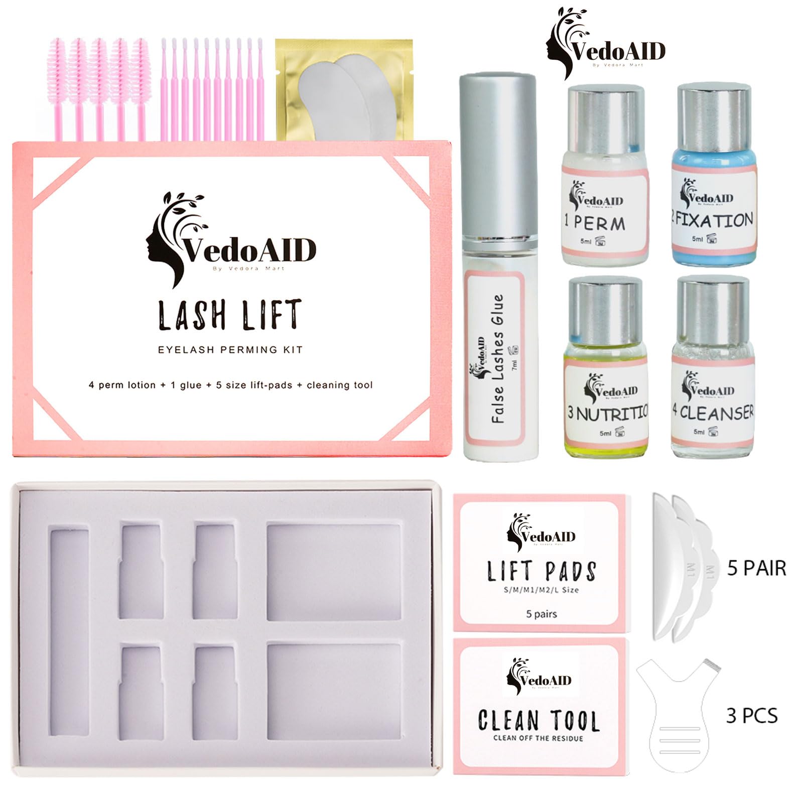 VedoAID perming solution bottle demonstrates gentle formula for lashes.
