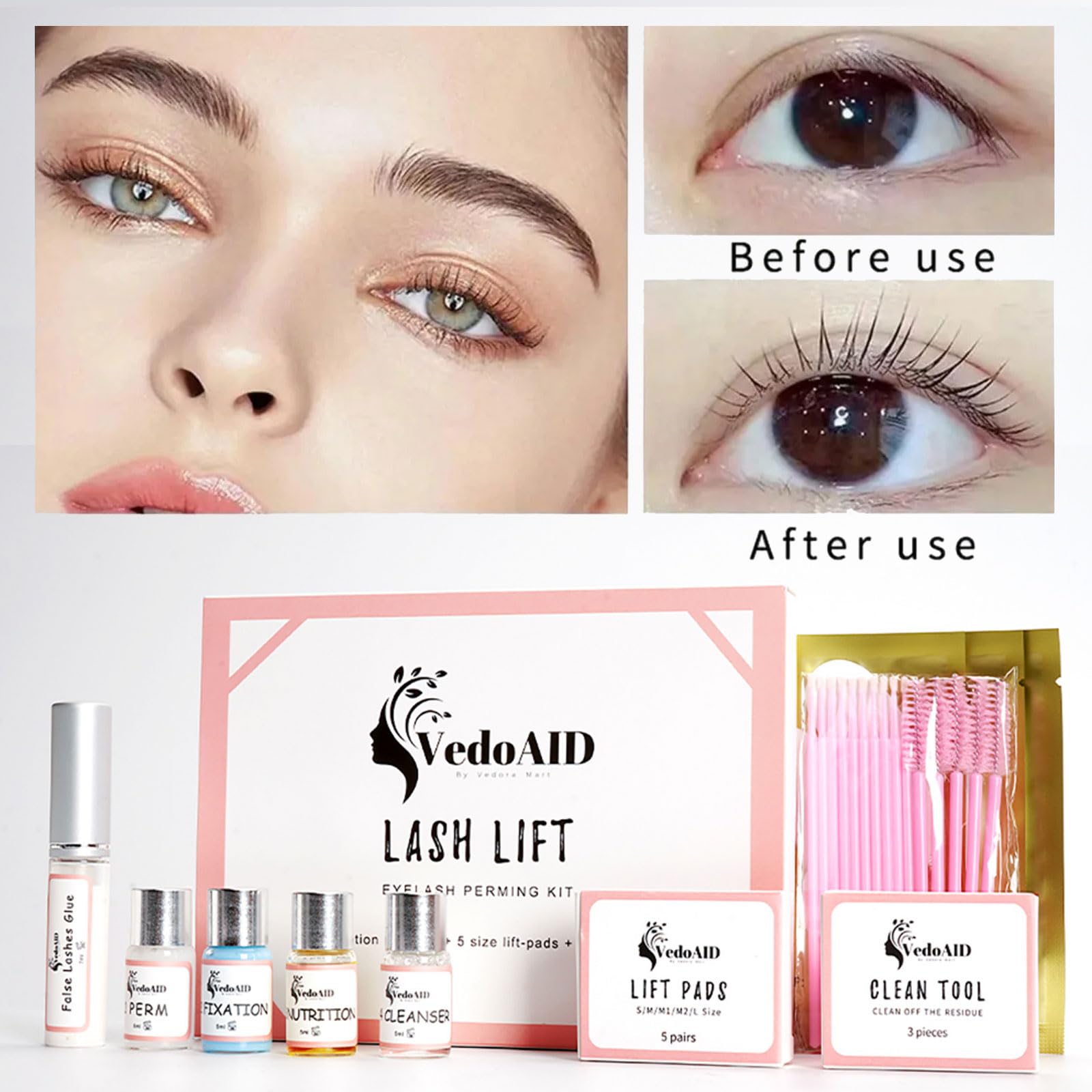 VedoAID safe formula closeup highlights gentle lash care ingredients.