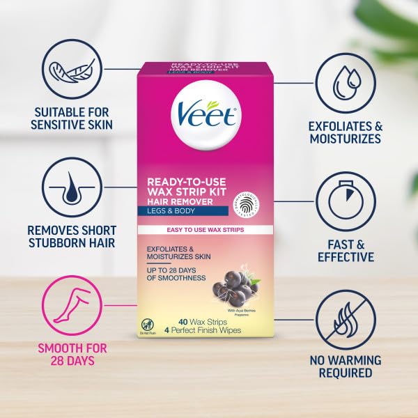 Veet dermatologist-tested cold wax strips offering safe at-home waxing.