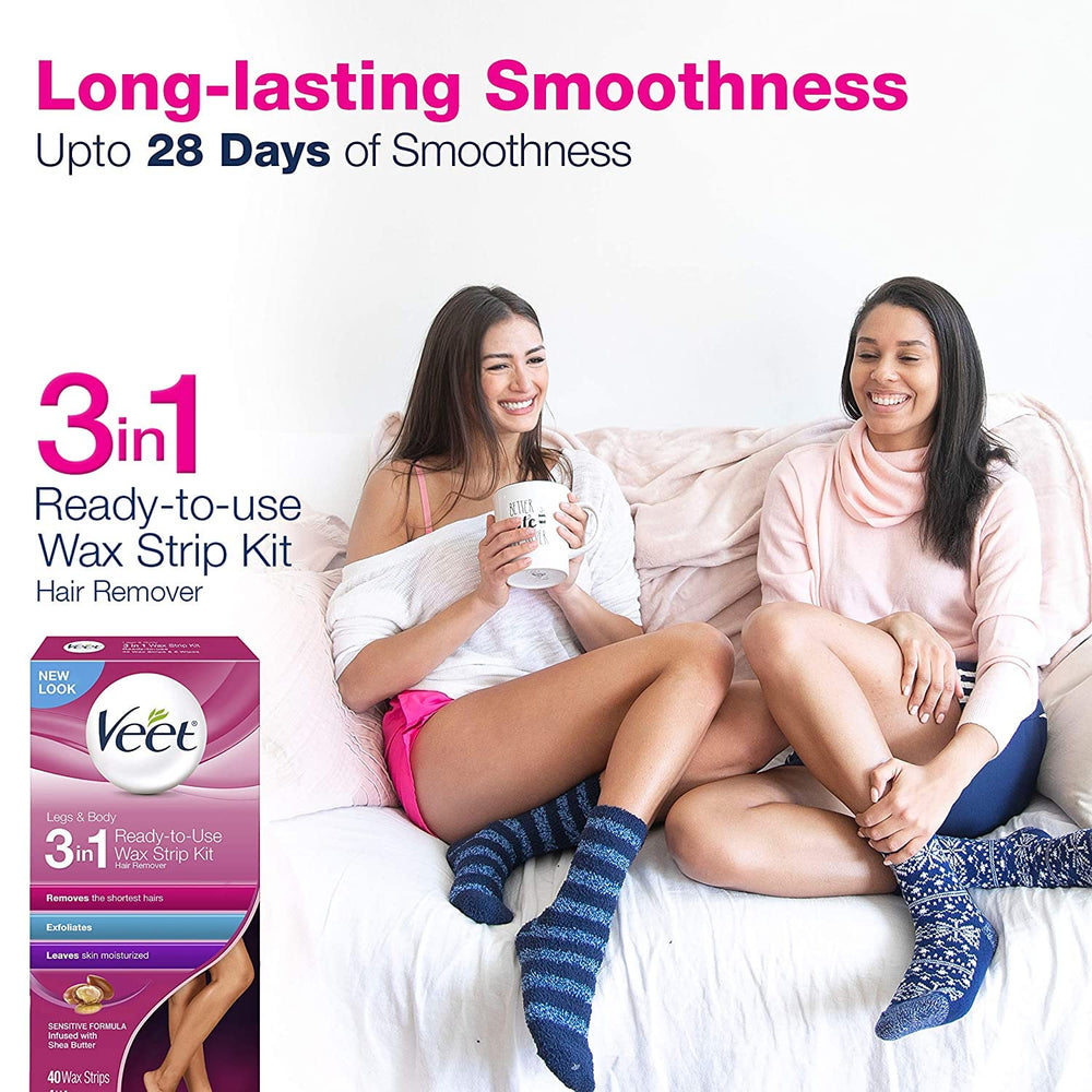 Veet dermatologist-tested cold wax strips for sensitive skin.