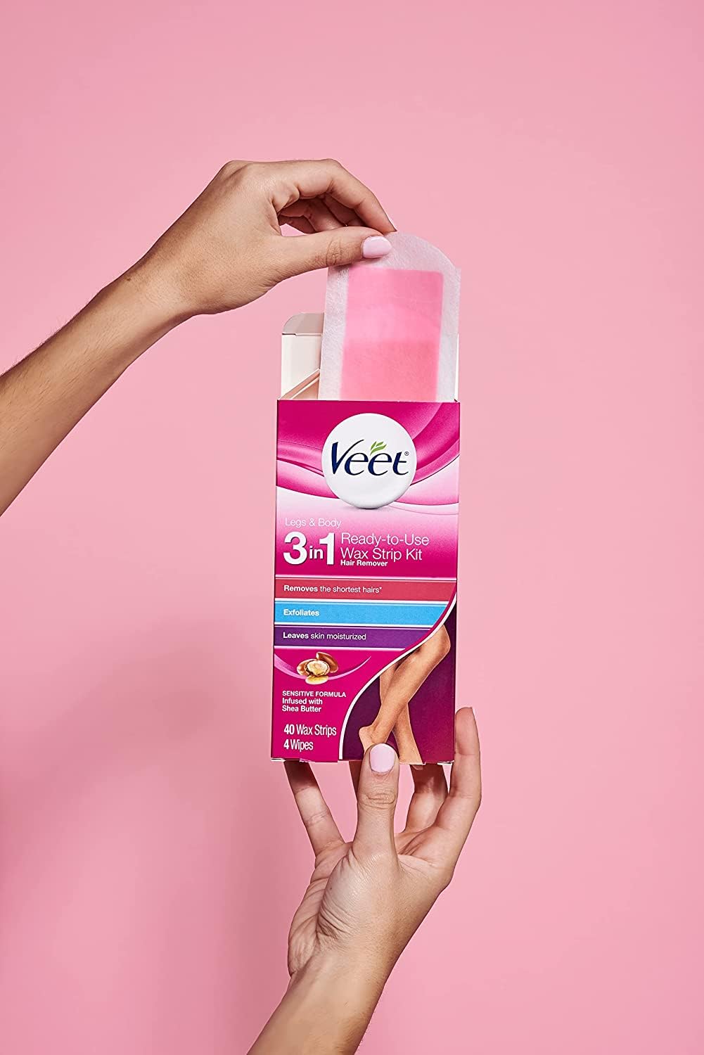 Veet leg and body wax strips close-up with premium salon-like results.
