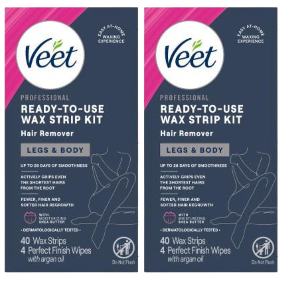 Veet leg and body wax strips package front view for smooth skin.