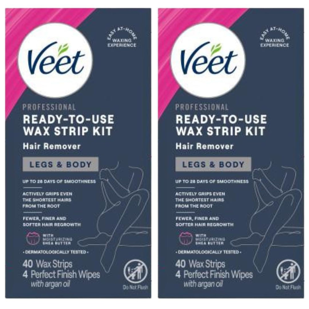 Veet leg and body wax strips package front view for smooth skin.