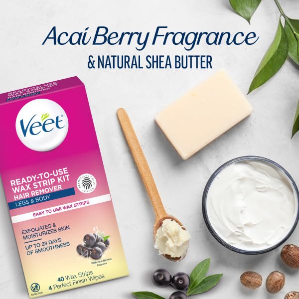 Veet easy-peel strips demonstrate simple preparation before application.