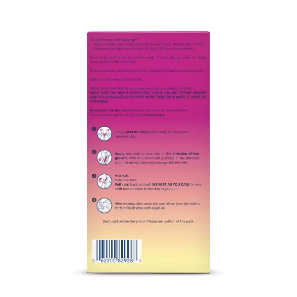 Veet ready-to-use wax strips in hand showing no heating required for easy home waxing.