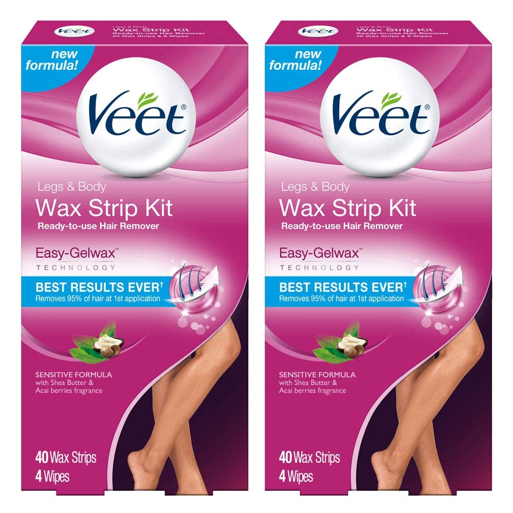 Veet ready-to-use wax strips pack two for convenient at-home waxing.