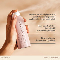 VEGAMOUR GRO Dry Shampoo being sprayed at roots for quick refresh.