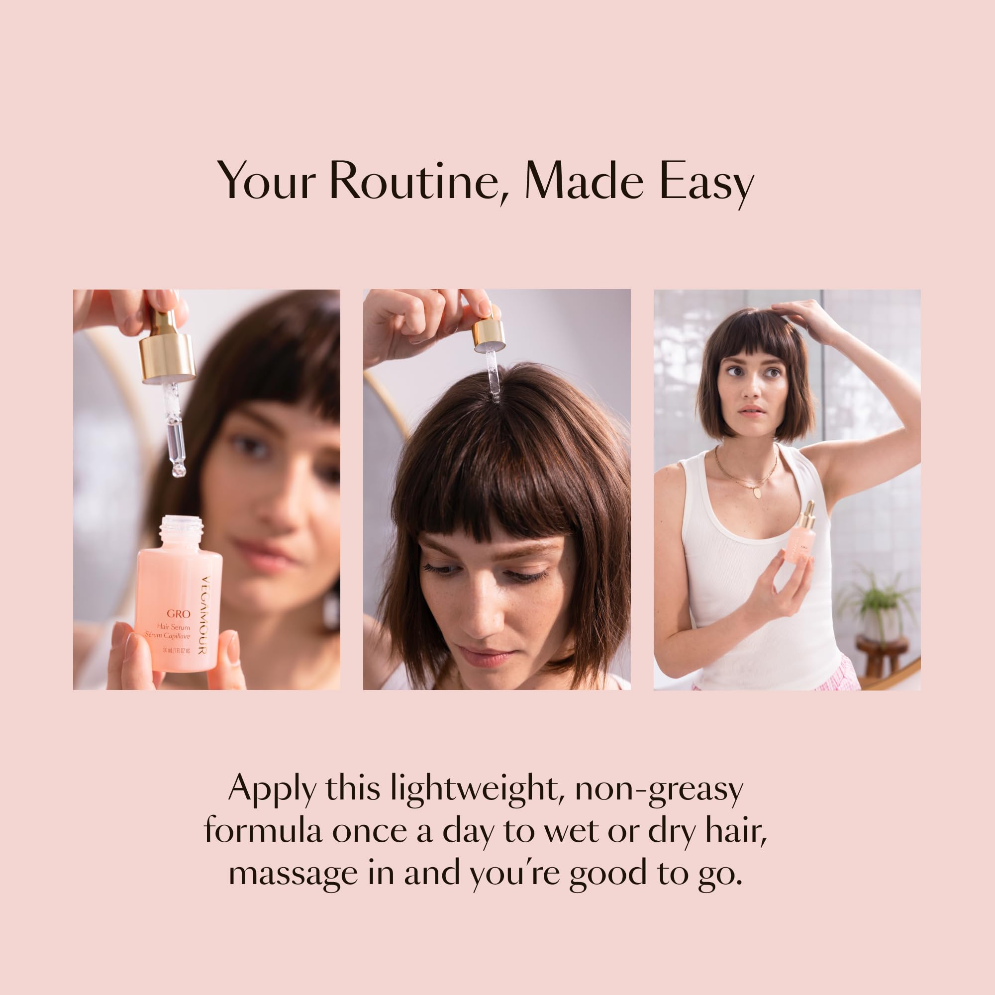 Woman applying GRO Serum at roots for fuller-looking hair