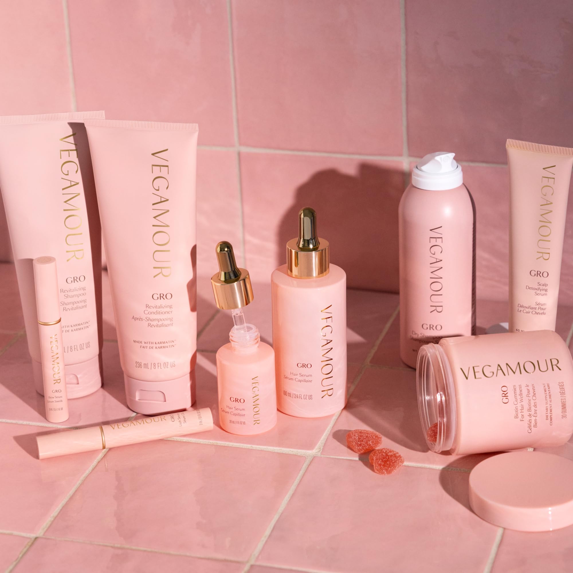 VEGAMOUR GRO Hair Serum daily routine setup with product